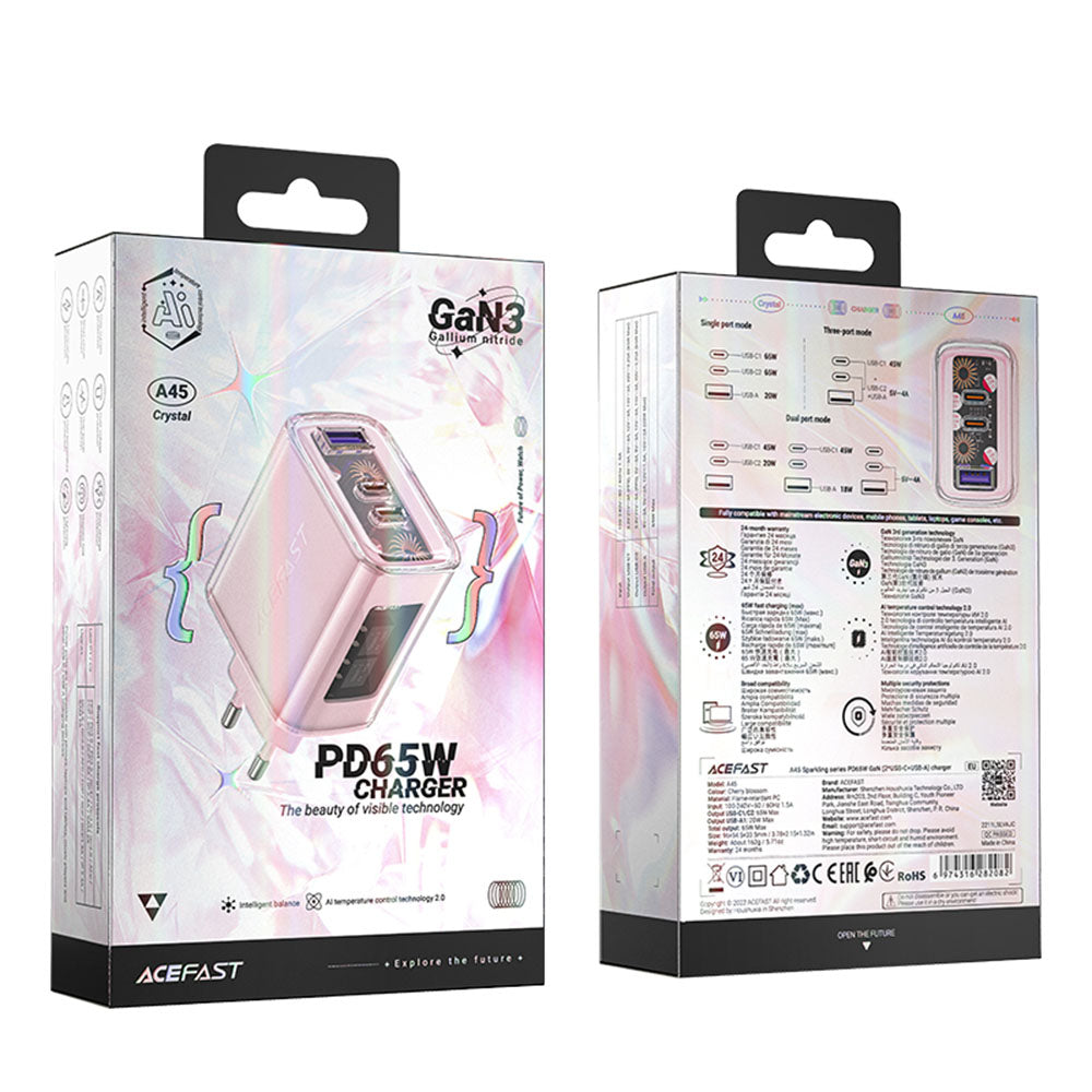 Sieťová nabíjačka Acefast A45 Exploration, 65W, 3.25A, 1 x USB-A - 2 x USB-C, Ružová