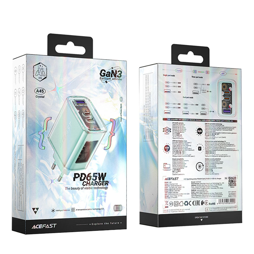 Sieťová nabíjačka Acefast A45 Exploration, 65W, 3.25A, 1 x USB-A - 2 x USB-C, Zelená