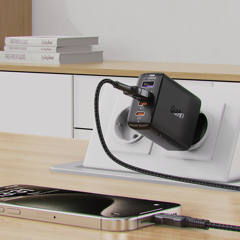 Sieťová nabíjačka Acefast A61, 45W, 3A, 2 x USB-A - 2 x USB-C, čierna