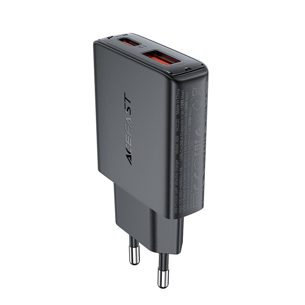 Sieťová nabíjačka Acefast A69, 30W, 3A, 1 x USB-A - 1 x USB-C, Čierna