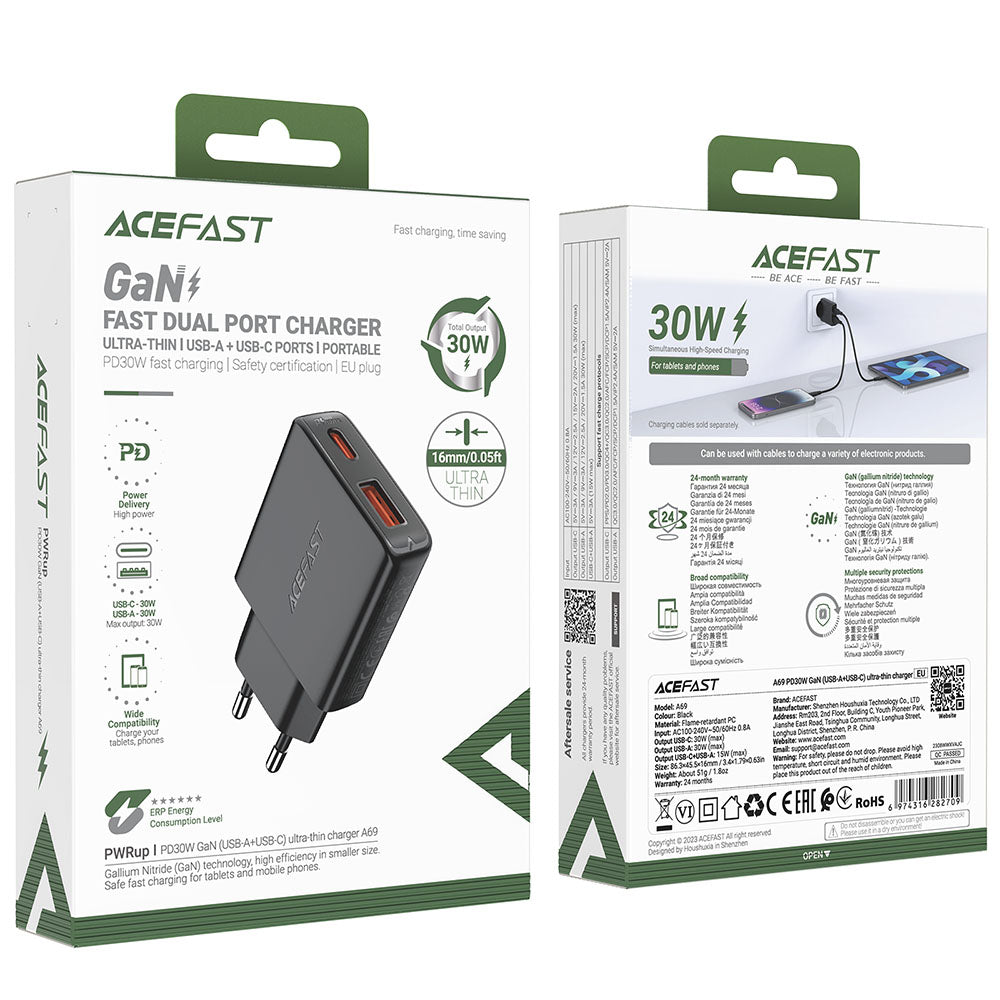 Sieťová nabíjačka Acefast A69, 30W, 3A, 1 x USB-A - 1 x USB-C, Čierna