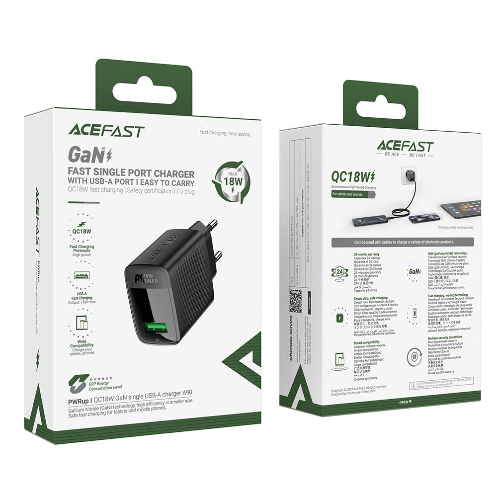 Sieťová nabíjačka Acefast A90, 18W, 3A, 1 x USB-A, Čierna
