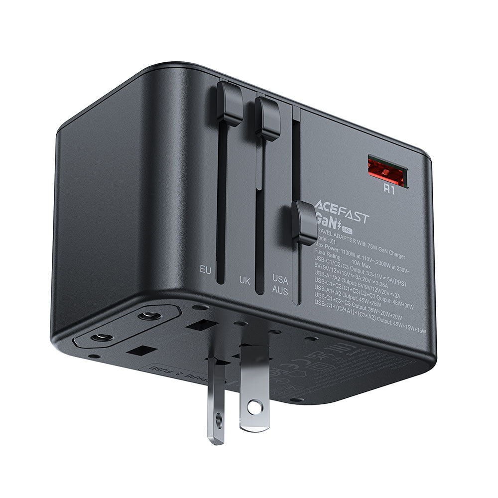 Sieťová nabíjačka Acefast Travel Z1, 75W, 3.35A, 2 x USB-A - 3 x USB-C, Čierna