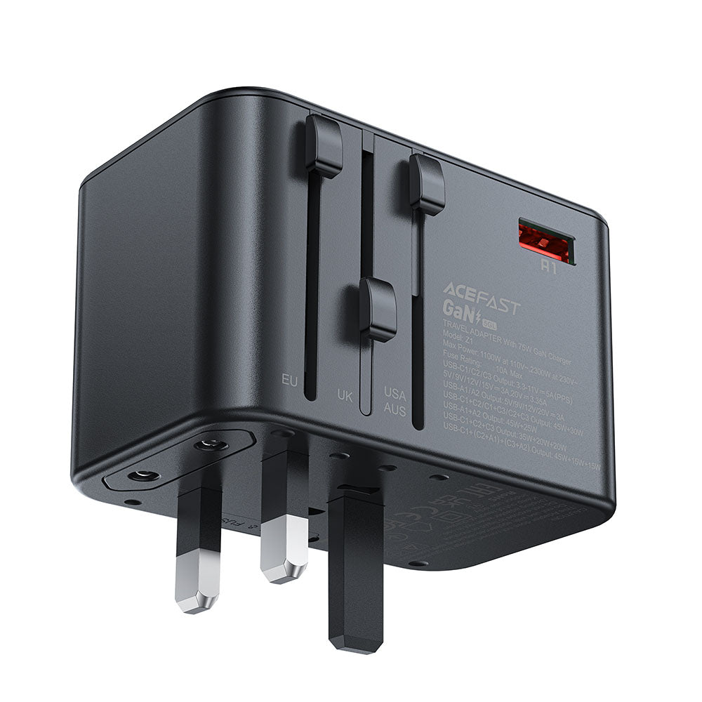 Sieťová nabíjačka Acefast Travel Z1, 75W, 3.35A, 2 x USB-A - 3 x USB-C, Čierna