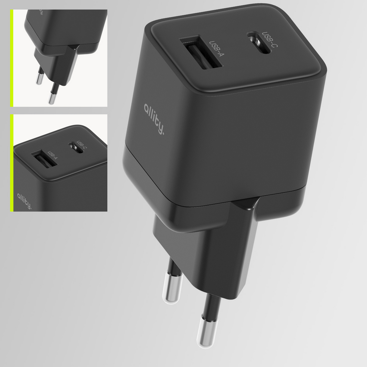 Sieťová nabíjačka Allity. ATC-01-30WAC Mini, 30W, 3A, 1 x USB-A - 1 x USB-C, Čierna