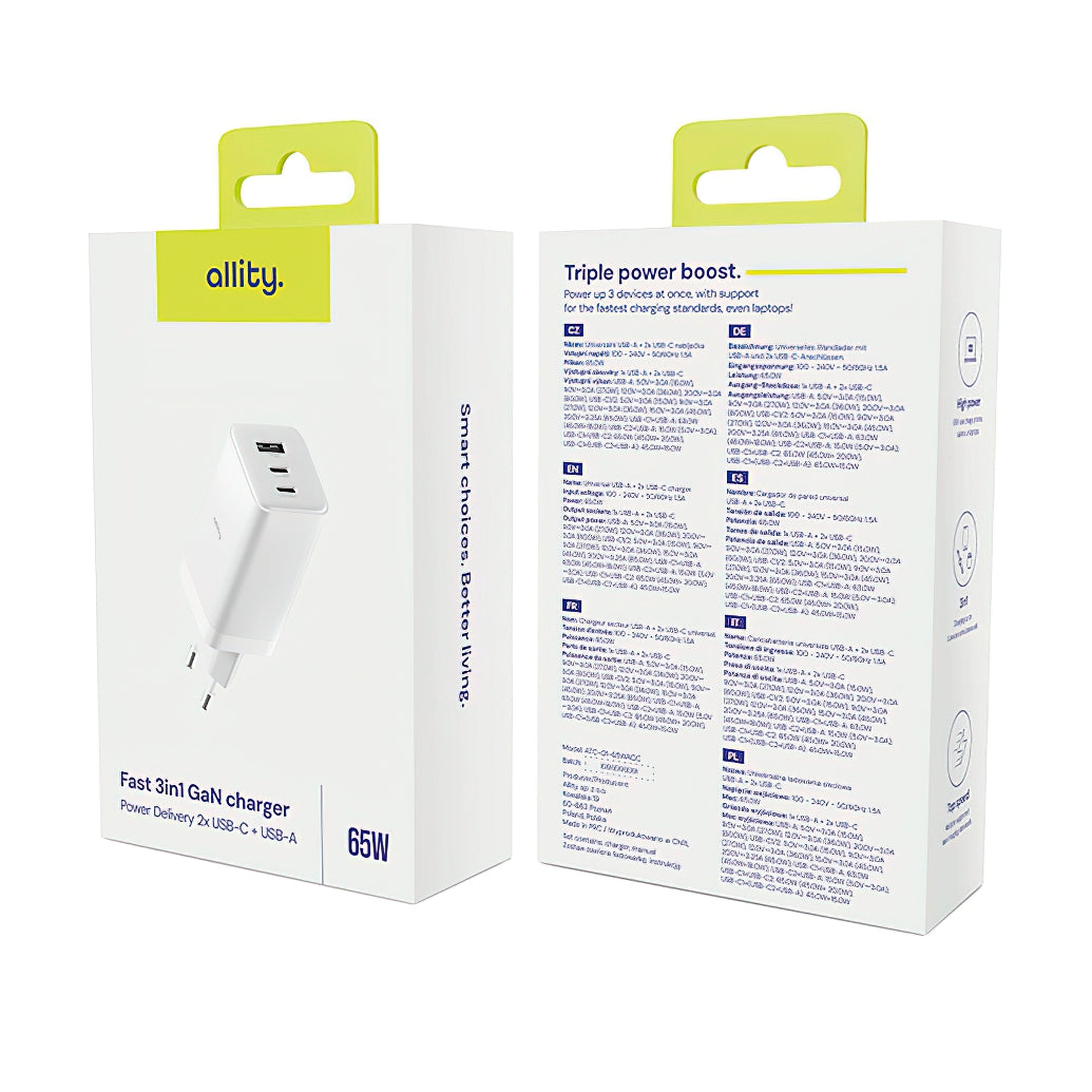 Sieťová nabíjačka Allity. ATC-01-65WACC Fast, 65W, 3.25A, 1 x USB-A - 2 x USB-C, Biela