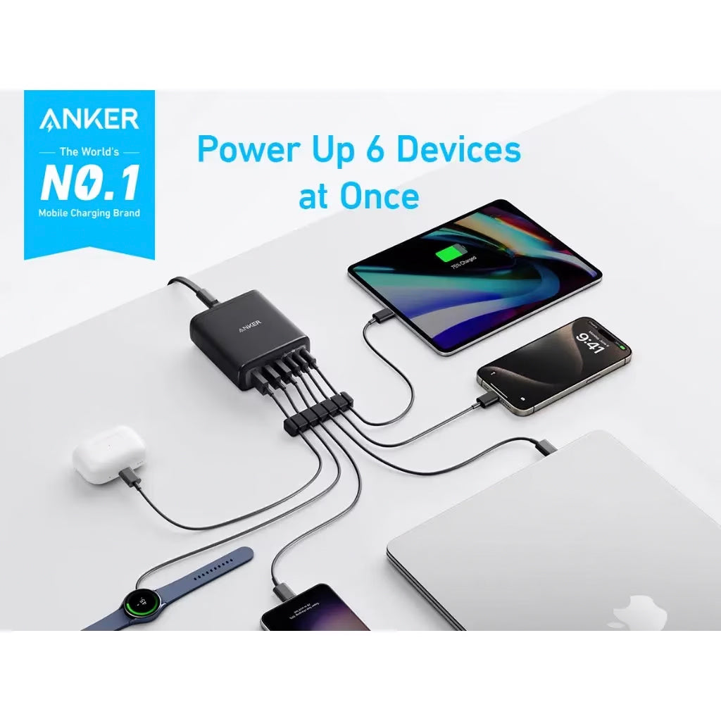 Anker Station Charger, 112W, 3A, 3 x USB-A - 3 x USB-C, Black A2154G11
