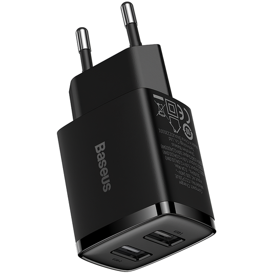 Kompaktná sieťová nabíjačka Baseus, 10,5 W, 2,1 A, 2 x USB-A, čierna CCXJ010201
