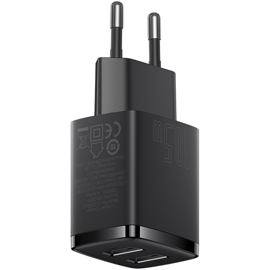 Kompaktná sieťová nabíjačka Baseus, 10,5 W, 2,1 A, 2 x USB-A, čierna CCXJ010201