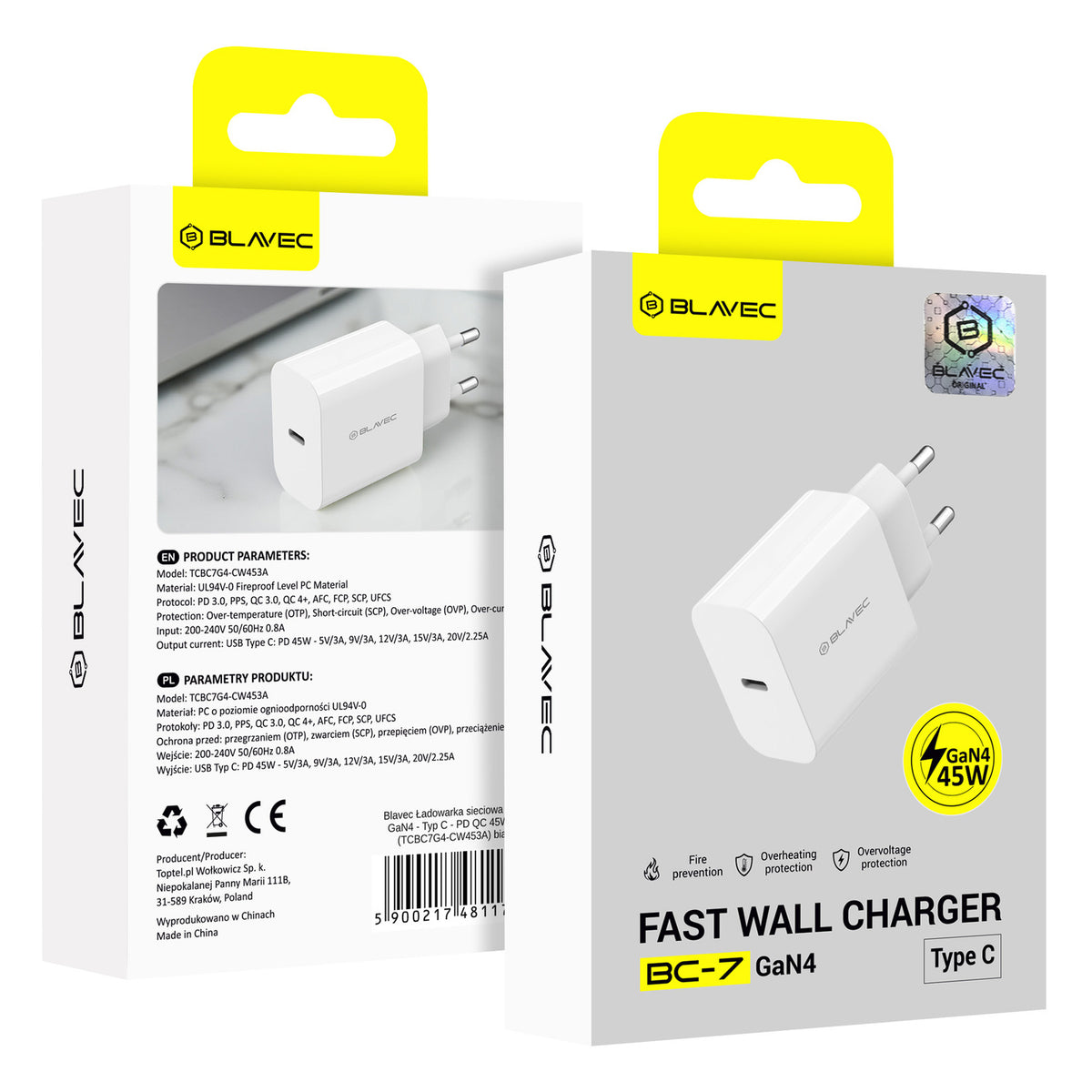 Sieťová nabíjačka Blavec BC-7, 45W, 3A, 1 x USB-C, Biela