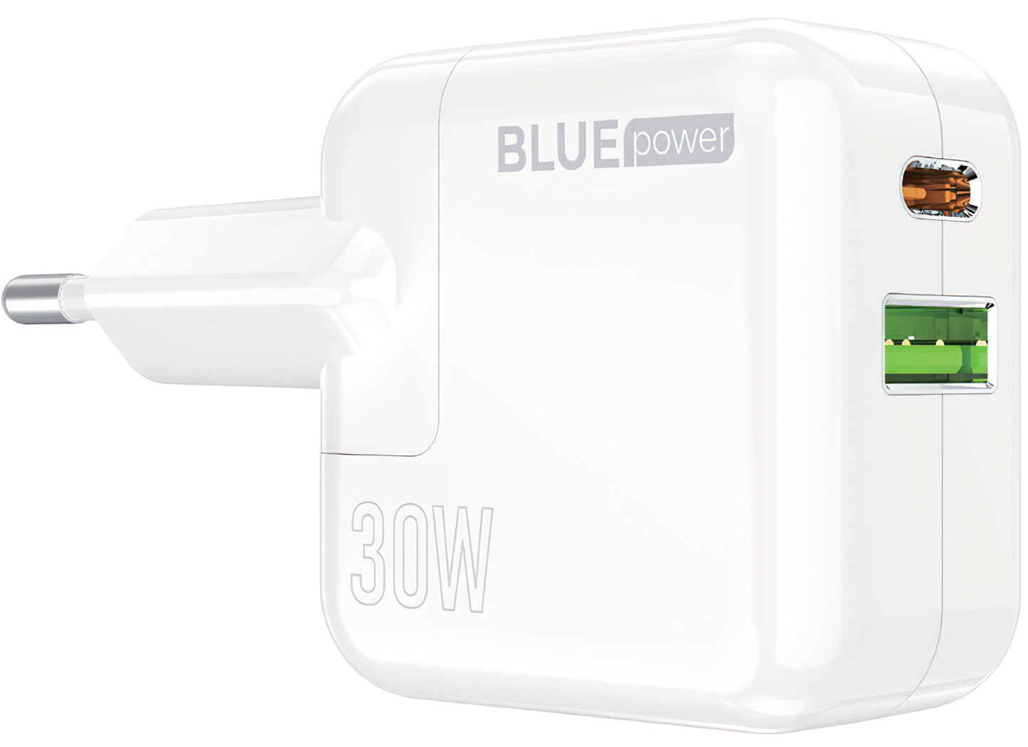 Sieťová nabíjačka BLUE Power BC111A, 30 W, 3A, 1 x USB-A - 1 x USB-C, biela