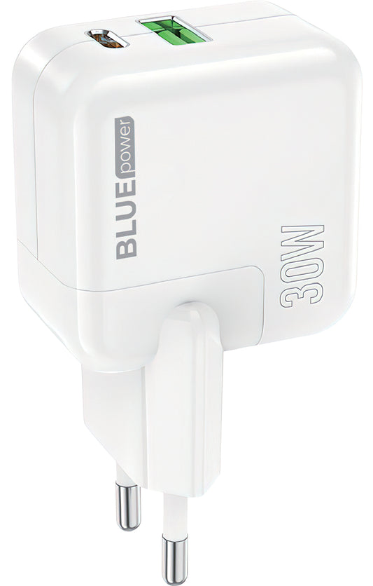 Sieťová nabíjačka BLUE Power BC111A, 30 W, 3A, 1 x USB-A - 1 x USB-C, biela