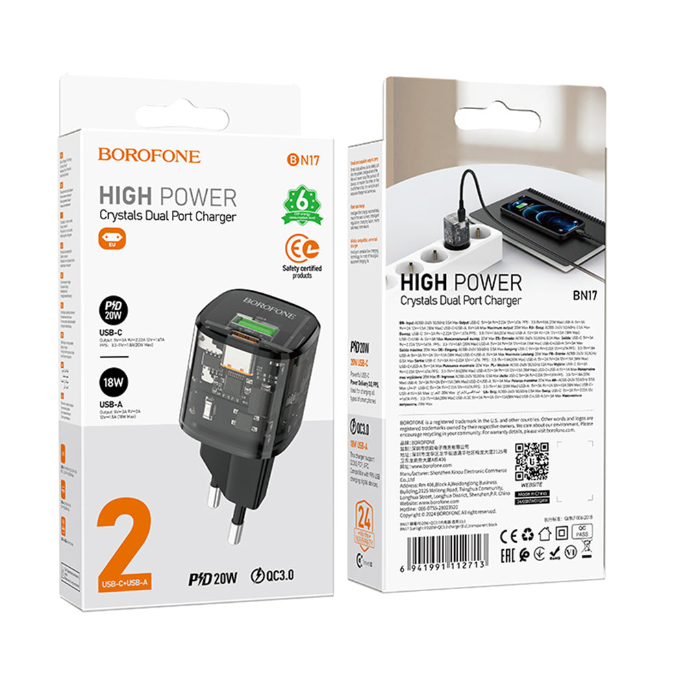Borofone BN17 Sunlight Network Charger, 20W, 3A, 1 x USB-A - 1 x USB-C, Black