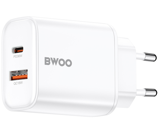 Sieťová nabíjačka BWOO CDA207, 36W, 3A, 1 x USB-A - 1 x USB-C, Biela