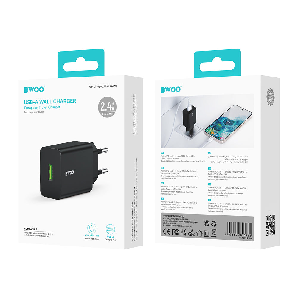 Sieťová nabíjačka BWOO CDA249, 12W, 2.4A, 1 x USB-A, Čierna