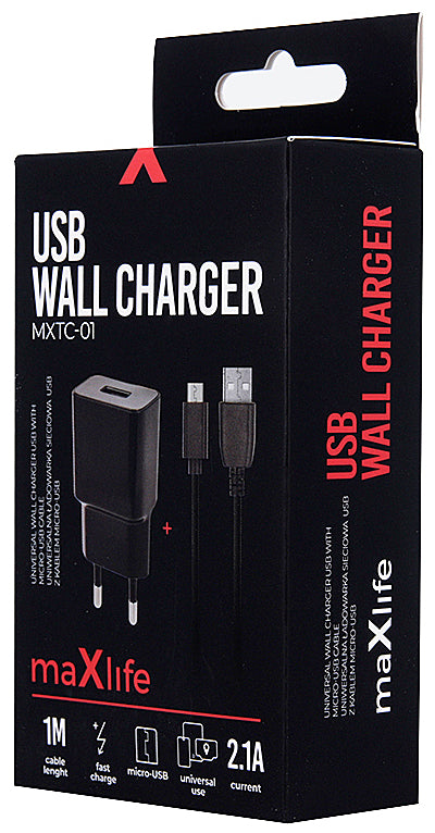 Sieťová nabíjačka MaXlife MXTC-01 s káblom microUSB, 10,5 W, 2,1 A, 1 x USB-A, čierna