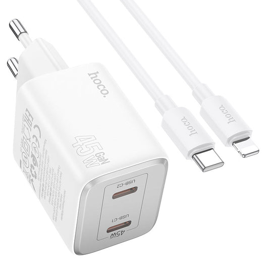 Sieťová nabíjačka s káblom Lightning HOCO N42, 45 W, 3A, 2 x USB-C, biela