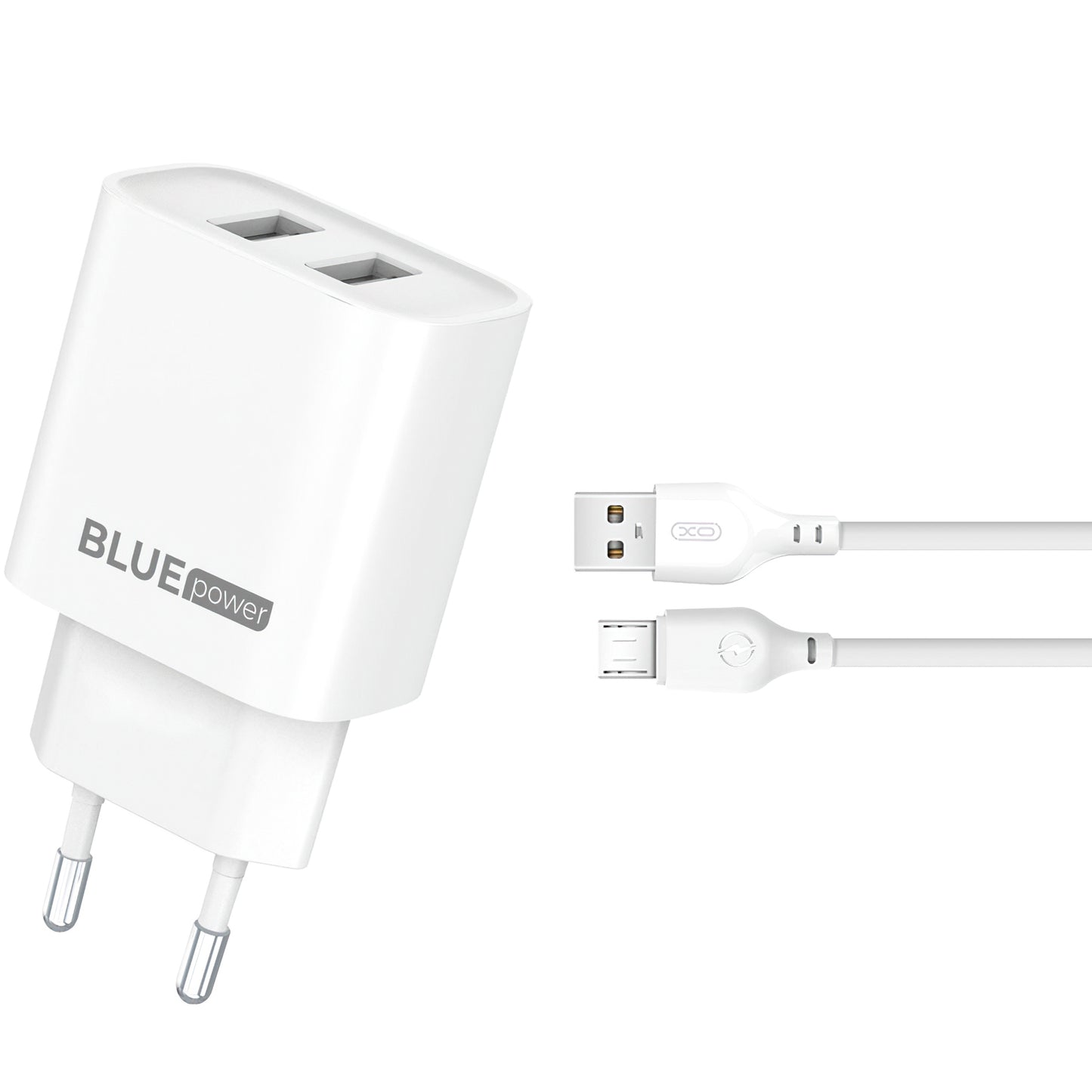 Sieťová nabíjačka Blue Power BPCE02M s káblom microUSB, 10,5 W, 2,1 A, 2 x USB-A, biela