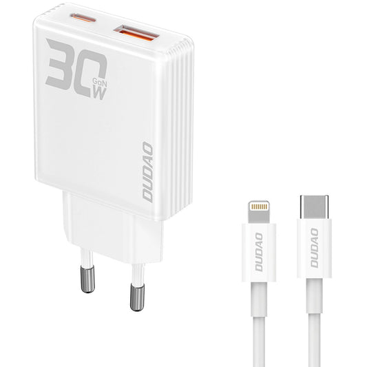 Dudao A30EUL Sieťová nabíjačka s káblom Lightning, 30 W, 3A, 1 x USB-A - 1 x USB-C, biela