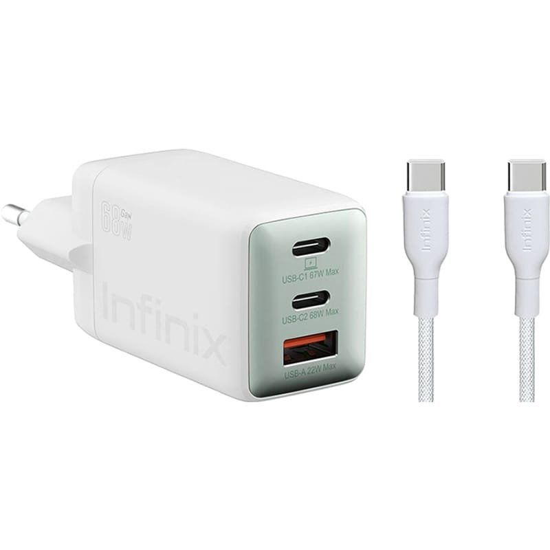 Sieťová nabíjačka s káblom USB-C Infinix XC07868EU + XDC95, 68W, 6.2A, 1 x USB-A - 2 x USB-C, Biela