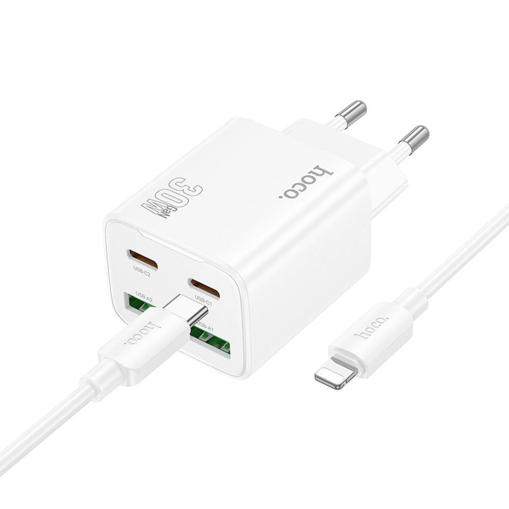 Sieťová nabíjačka s káblom Lightning HOCO N56, 30W, 3A, 2 x USB-A - 2 x USB-C, Biela