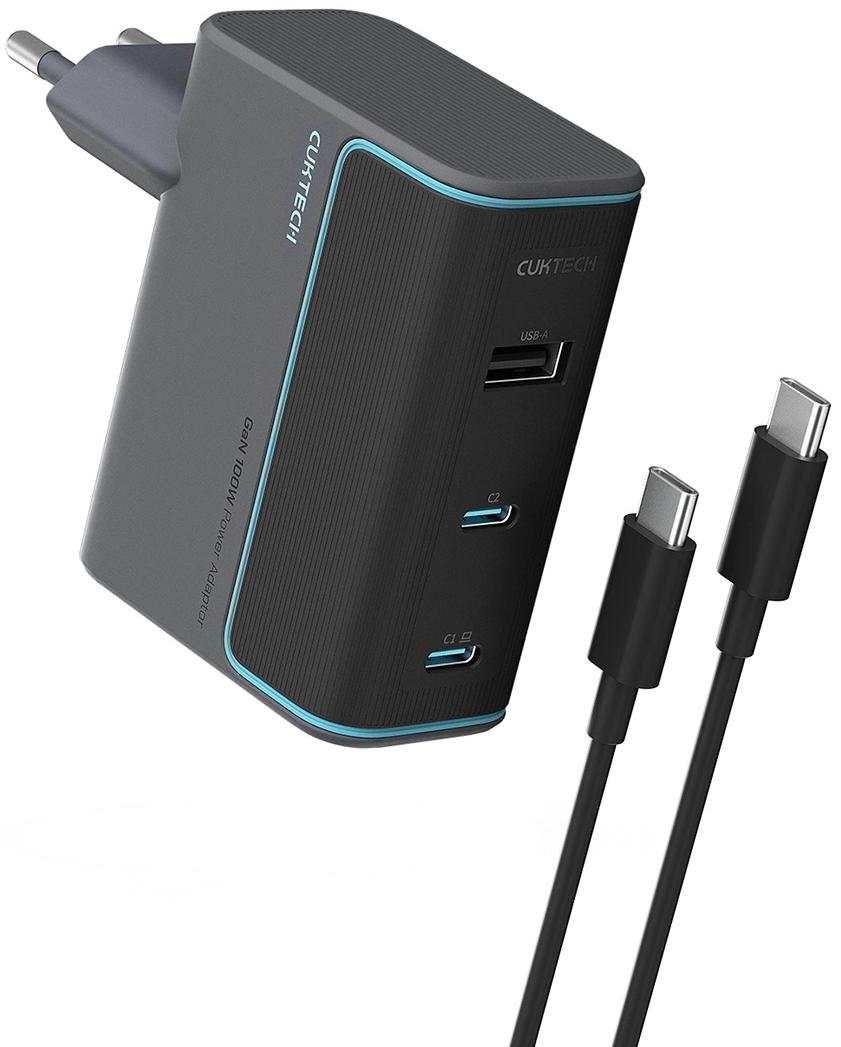 Sieťová nabíjačka s káblom USB-C Cuktech, 100W, 5A, 1 x USB-A - 2 x USB-C, Sivá CUKAD1003EUG