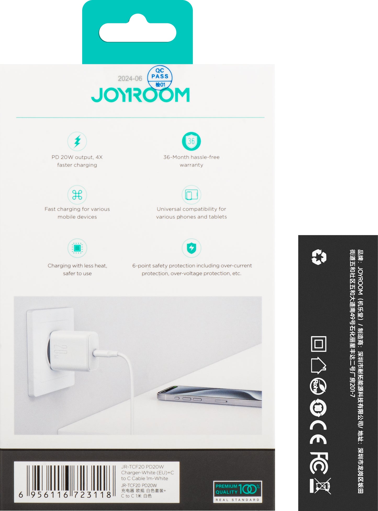 Sieťová nabíjačka s káblom USB-C Joyroom JR-TCF20, 20W, 3A, 1 x USB-C, Biela