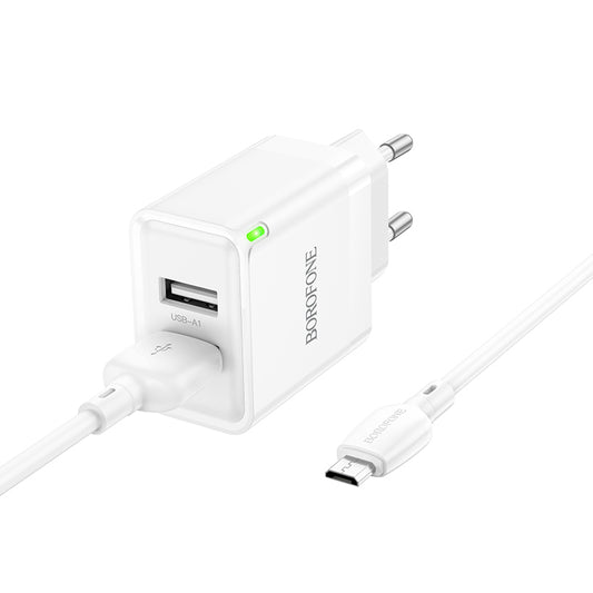 Sieťová nabíjačka s káblom microUSB Borofone BN15 Strong, 10,5 W, 2,1 A, 2 x USB-A, biela