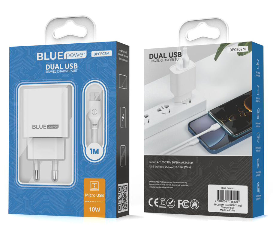 Sieťová nabíjačka Blue Power BPCE02M s káblom microUSB, 10,5 W, 2,1 A, 2 x USB-A, biela