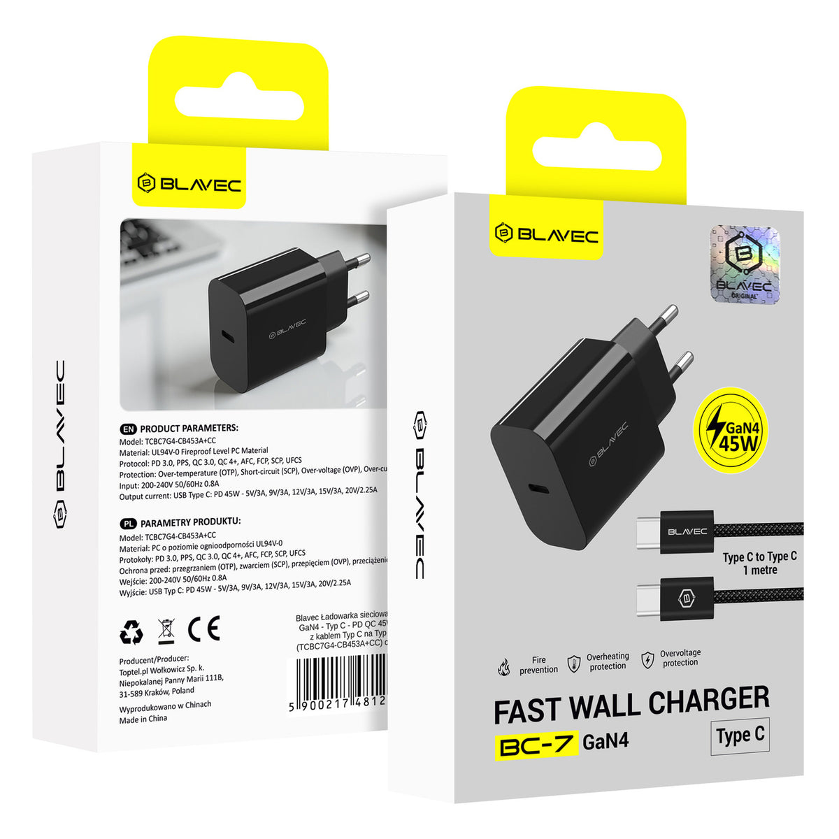 Sieťová nabíjačka s káblom USB-C Blavec BC-7, 45W, 3A, 1 x USB-C, Čierna