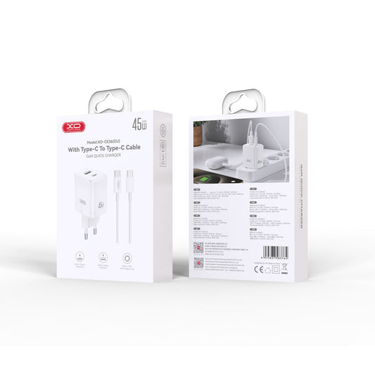Sieťová nabíjačka s káblom USB-C XO Design CE36, 45W, 3A, 1 x USB-A - 1 x USB-C, Biela