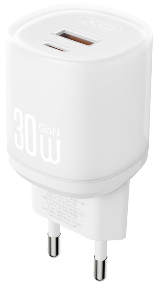 Sieťová nabíjačka s káblom USB-C XO Design L151, 30W, 3A, 1 x USB-A - 1 x USB-C, Biela
