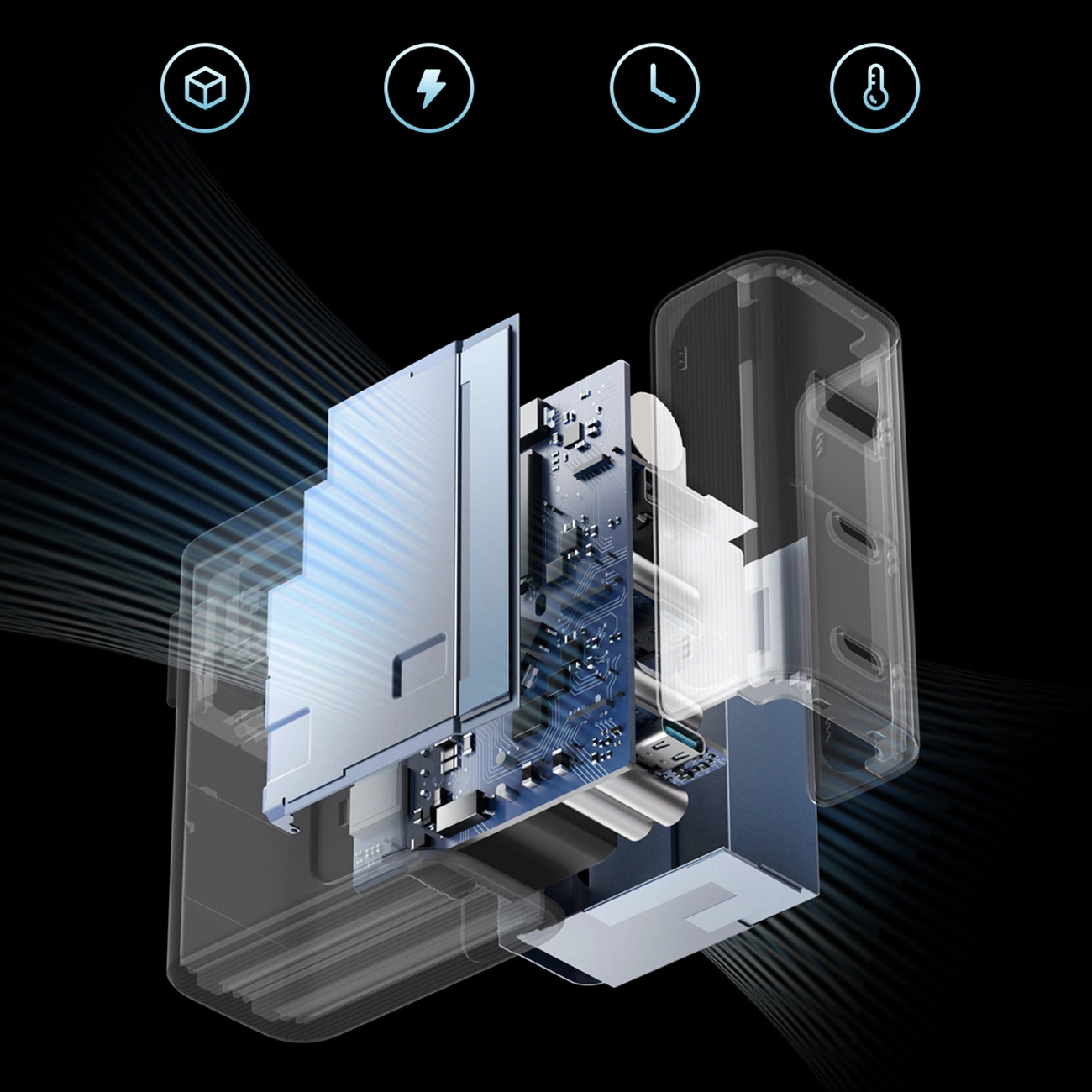 Sieťová nabíjačka s káblom USB-C Cuktech, 100W, 5A, 1 x USB-A - 2 x USB-C, Sivá CUKAD1003EUG