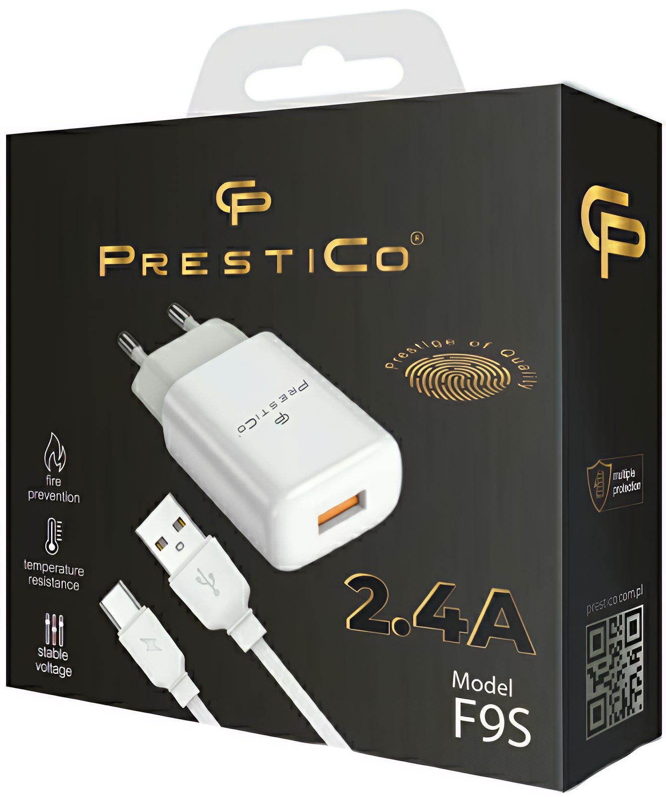 Sieťová nabíjačka s káblom USB-C Prestico F9S, 12W, 2.4A, 1 x USB-A, Biela