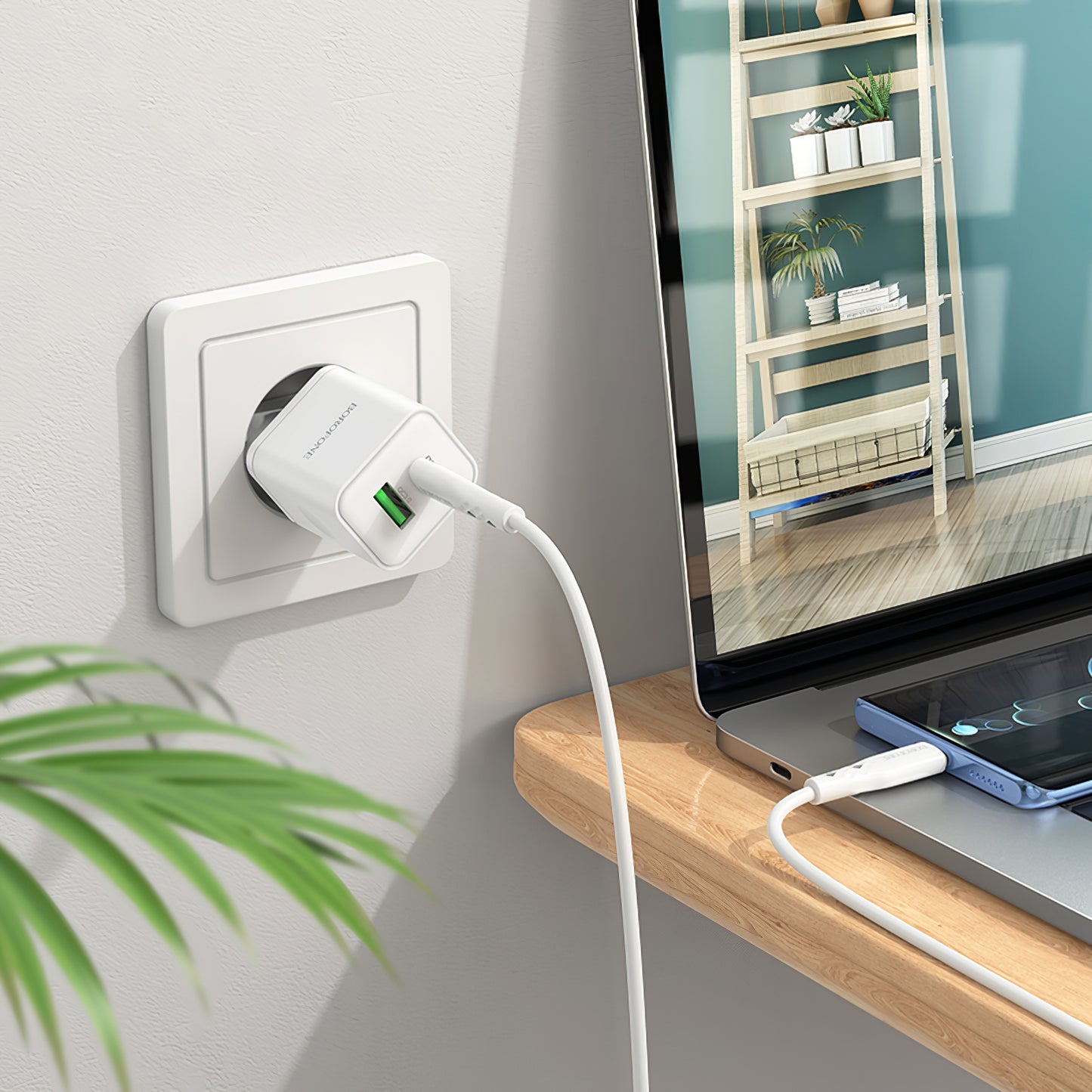 Sieťová nabíjačka s káblom USB-C Borofone BN7, 20 W, 3A, 1 x USB-A - 1 x USB-C, biela