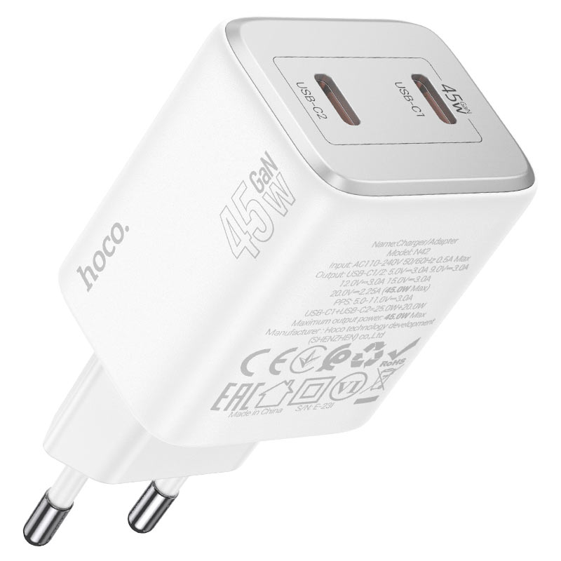 Sieťová nabíjačka s káblom Lightning HOCO N42, 45 W, 3A, 2 x USB-C, biela