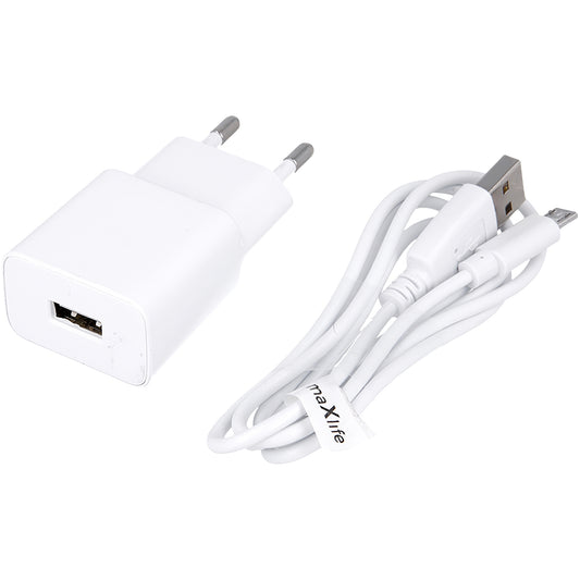 Sieťová nabíjačka MaXlife MXTC-01 s káblom microUSB, 10,5 W, 2,1 A, 1 x USB-A, biela