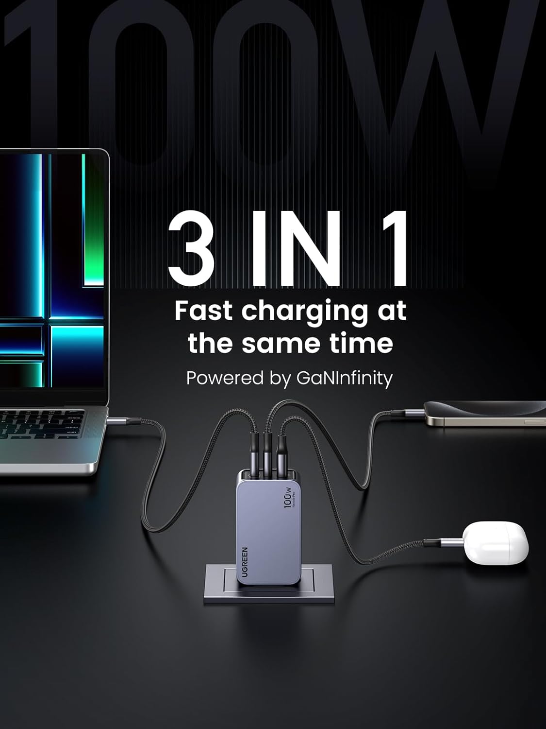 Sieťová nabíjačka UGREEN X757 Nexode Pro USB-C Cable, 100 W, 3A, 1 x USB-A - 2 x USB-C, sivá