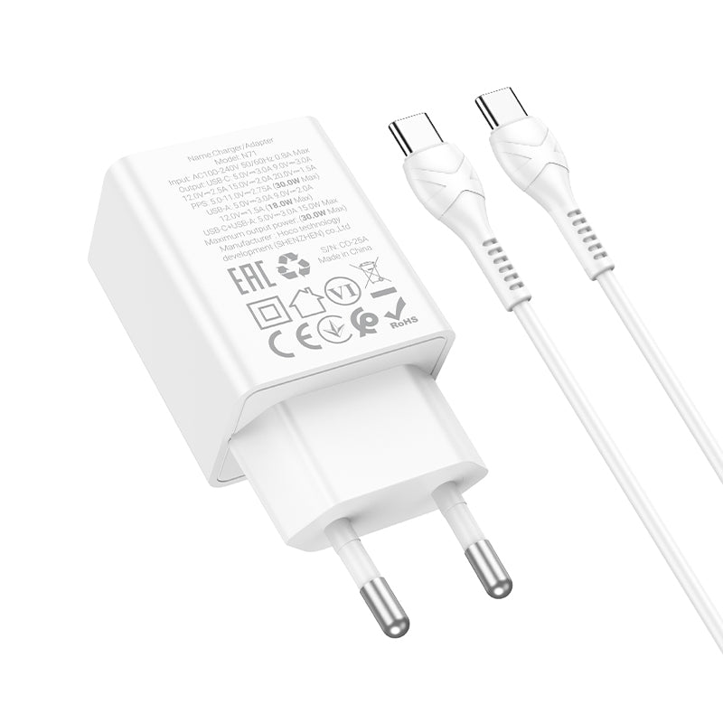 Sieťová nabíjačka s káblom USB-C HOCO N71, 30W, 3A, 1 x USB-A - 1 x USB-C, Biela