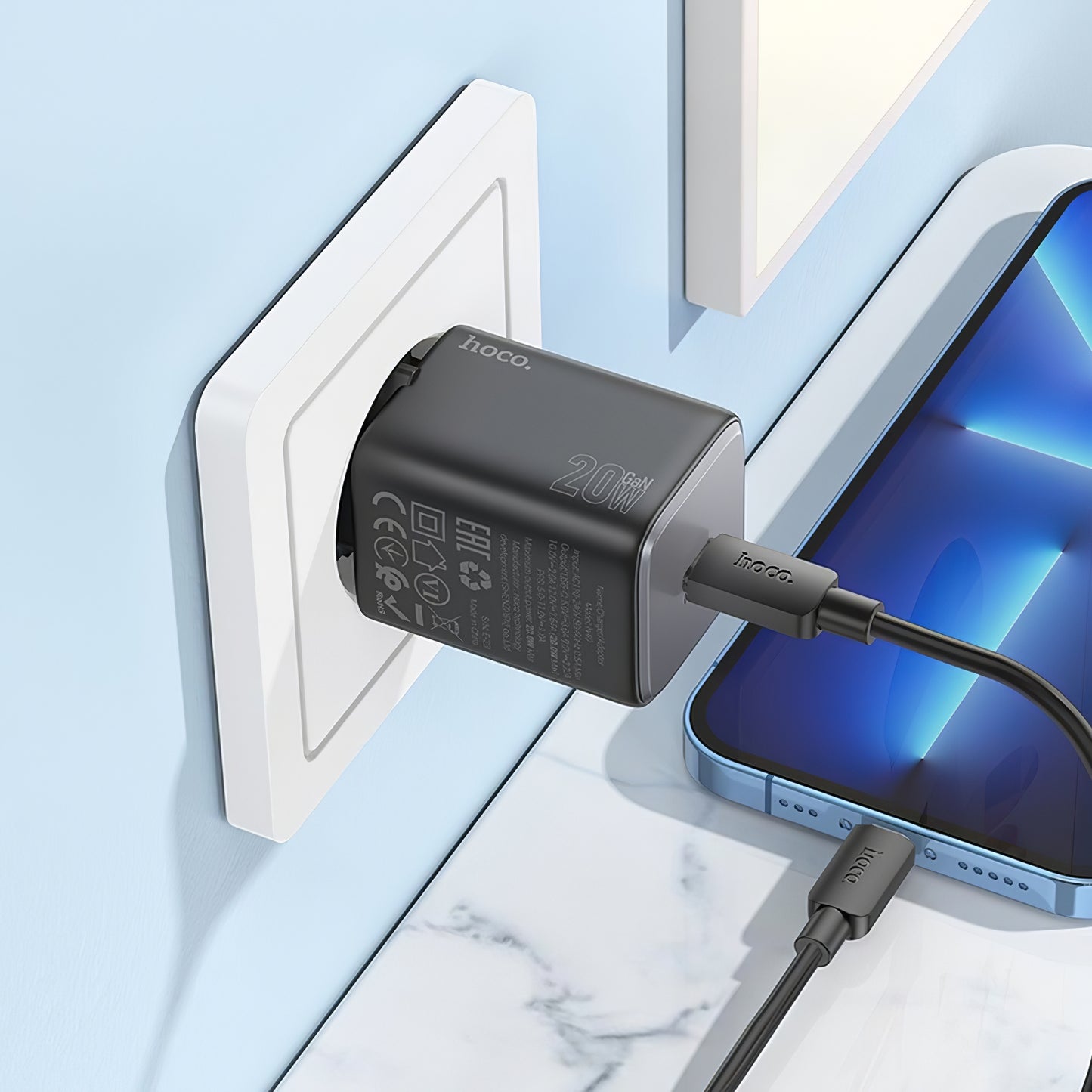 Sieťová nabíjačka HOCO N40 s káblom Lightning, 20 W, 3A, 1 x USB-C, čierna