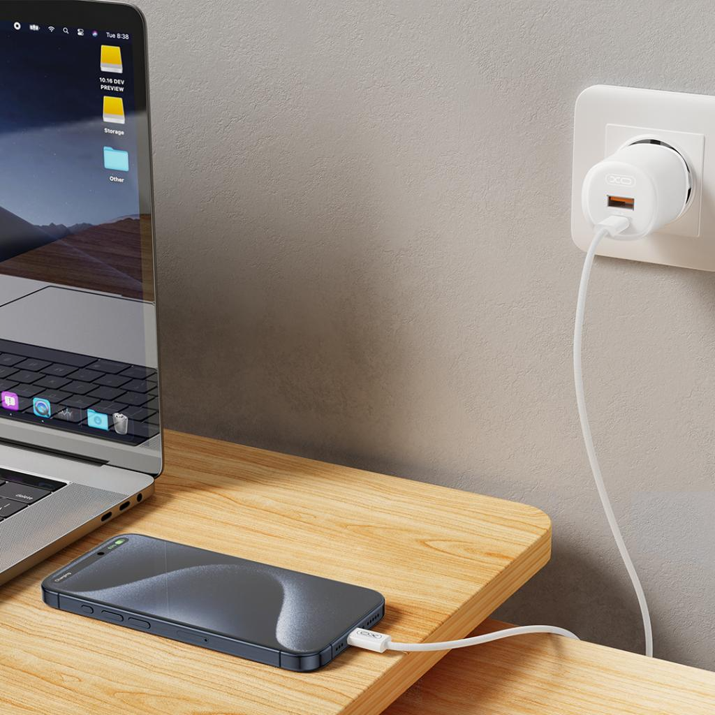 Sieťová nabíjačka s káblom USB-C XO Design L151, 30W, 3A, 1 x USB-A - 1 x USB-C, Biela