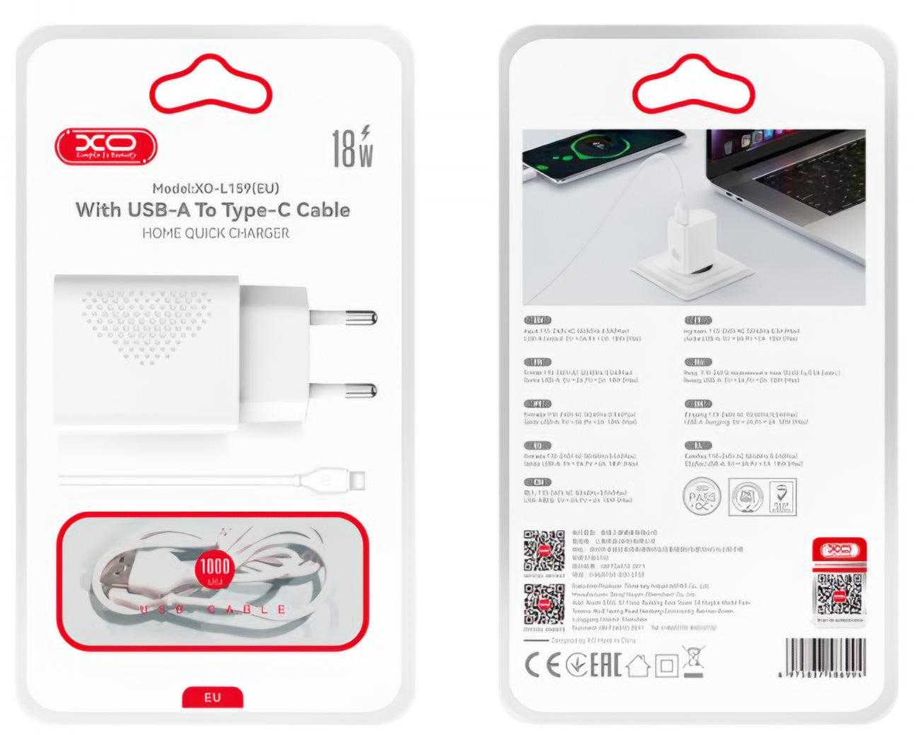 Sieťová nabíjačka s káblom USB-C XO Design L159, 18W, 3A, 1 x USB-A, Biela