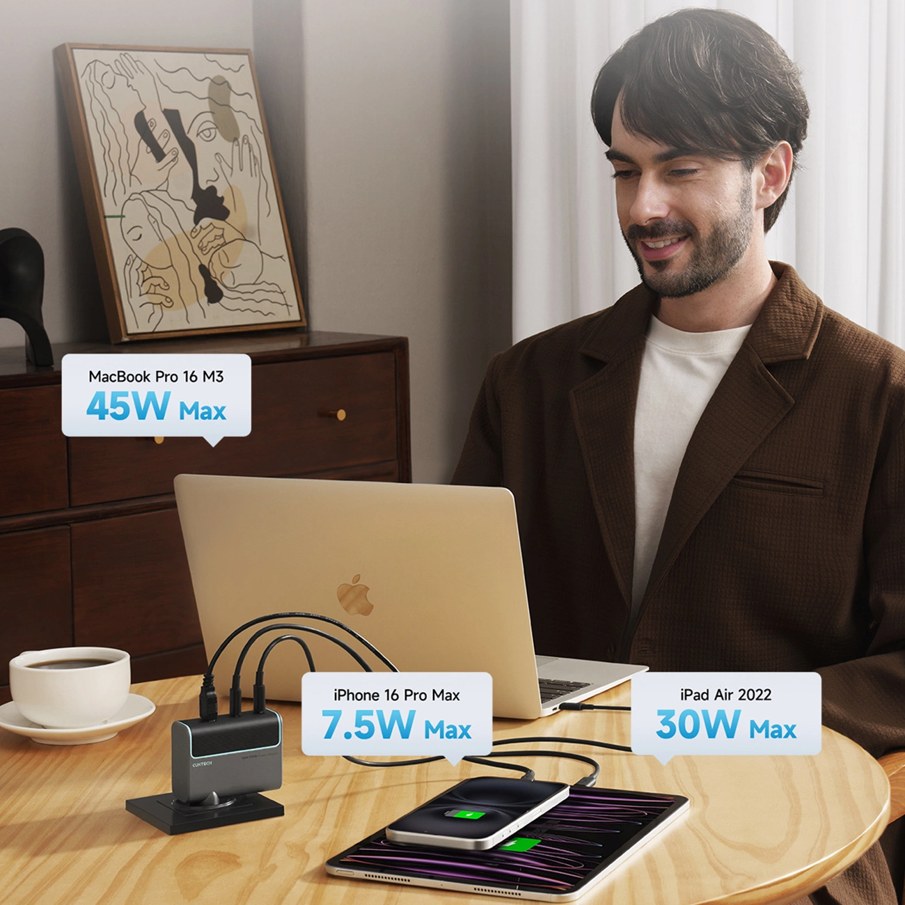 Sieťová nabíjačka s káblom USB-C Cuktech, 100W, 5A, 1 x USB-A - 2 x USB-C, Sivá CUKAD1003EUG