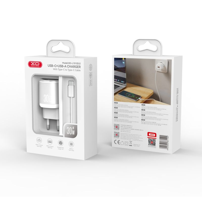 Sieťová nabíjačka s káblom USB-C XO Design L151, 30W, 3A, 1 x USB-A - 1 x USB-C, Biela
