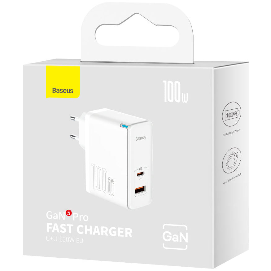 Sieťová nabíjačka s káblom USB-C Baseus GaN5 Pro, 100W, 3A, 1 x USB-A - 1 x USB-C, Biela CCGP090202