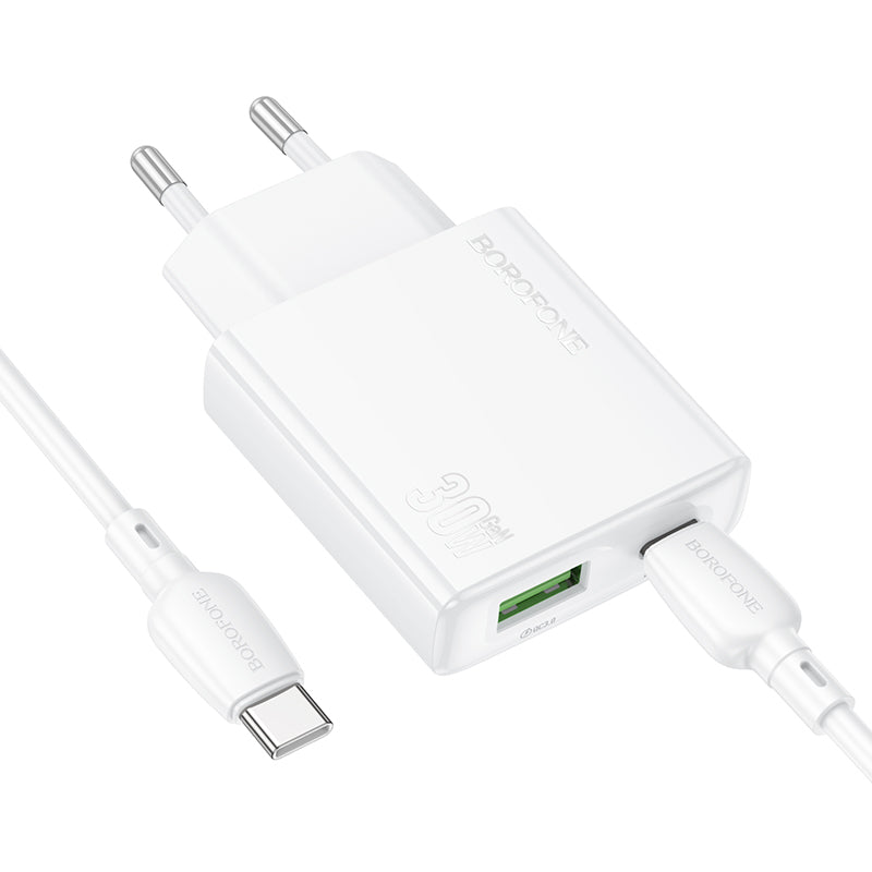 Network Charger with USB-C Cable Borofone BN25 Wish, 30W, 3A, 1 x USB-A - 1 x USB-C, White