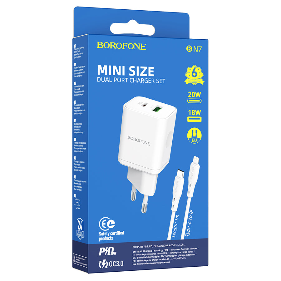 Sieťová nabíjačka s káblom Lightning Borofone BN7, 20W, 3A, 1 x USB-A - 1 x USB-C, Biela