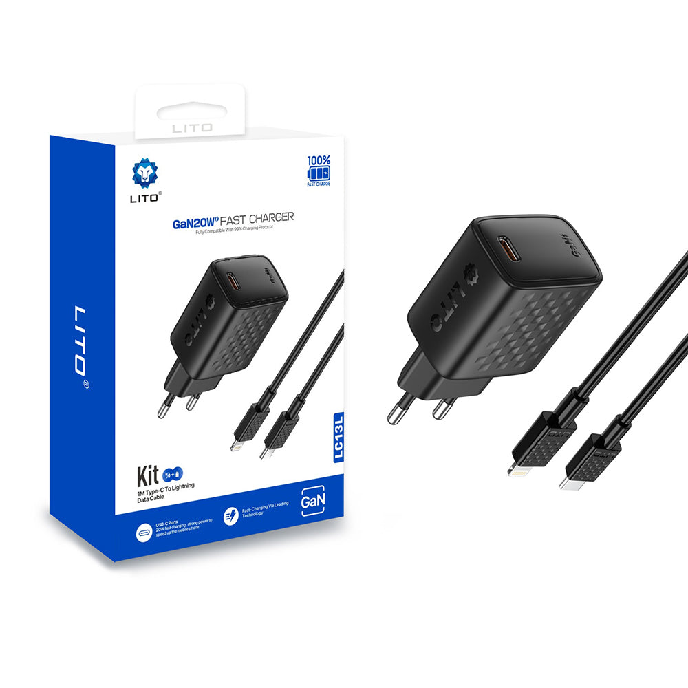 Sieťová nabíjačka s káblom Lightning Lito LC13L, 20W, 3A, 1 x USB-C, Čierna