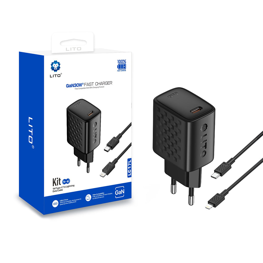 Sieťová nabíjačka s káblom Lightning Lito LC17L, 30W, 3A, 1 x USB-C, čierna