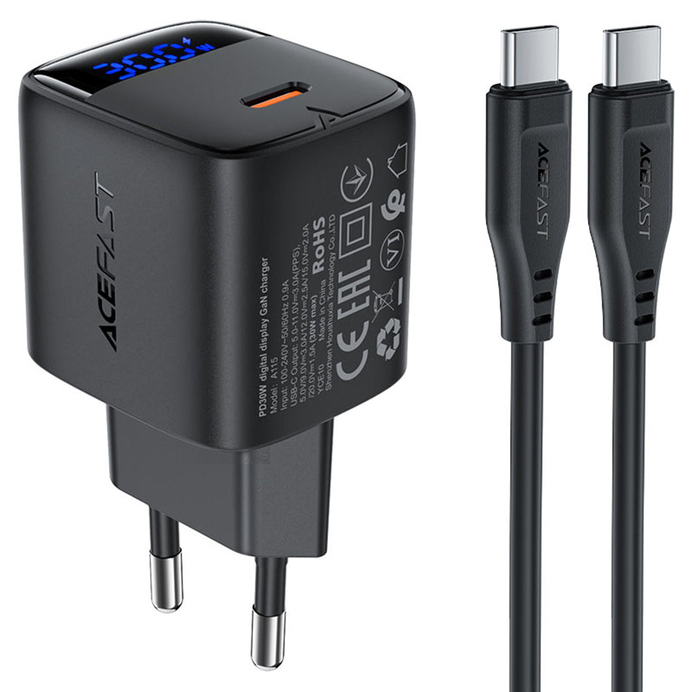 Sieťová nabíjačka s káblom USB-C Acefast A115 Display, 30W, 3A, 1 x USB-C, Čierna